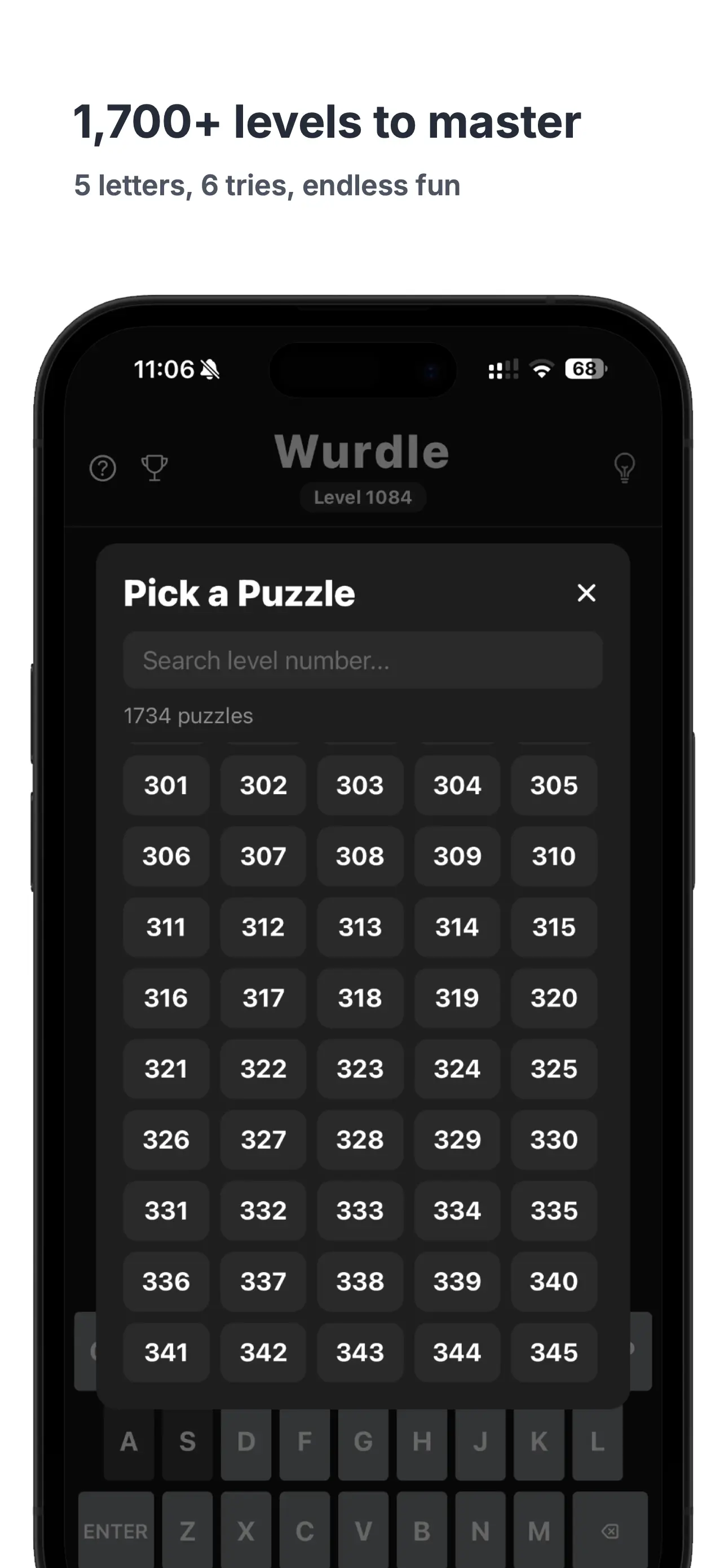 Level picker — browse and jump to any of the 1,700+ puzzles